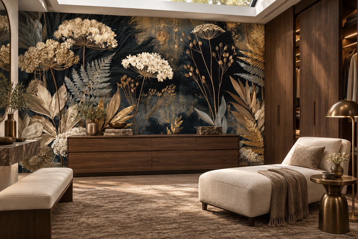 Dark botanical wall mural with gold leaves and ivory blooms in a dressing room with a cream chaise and a walnut cabinet