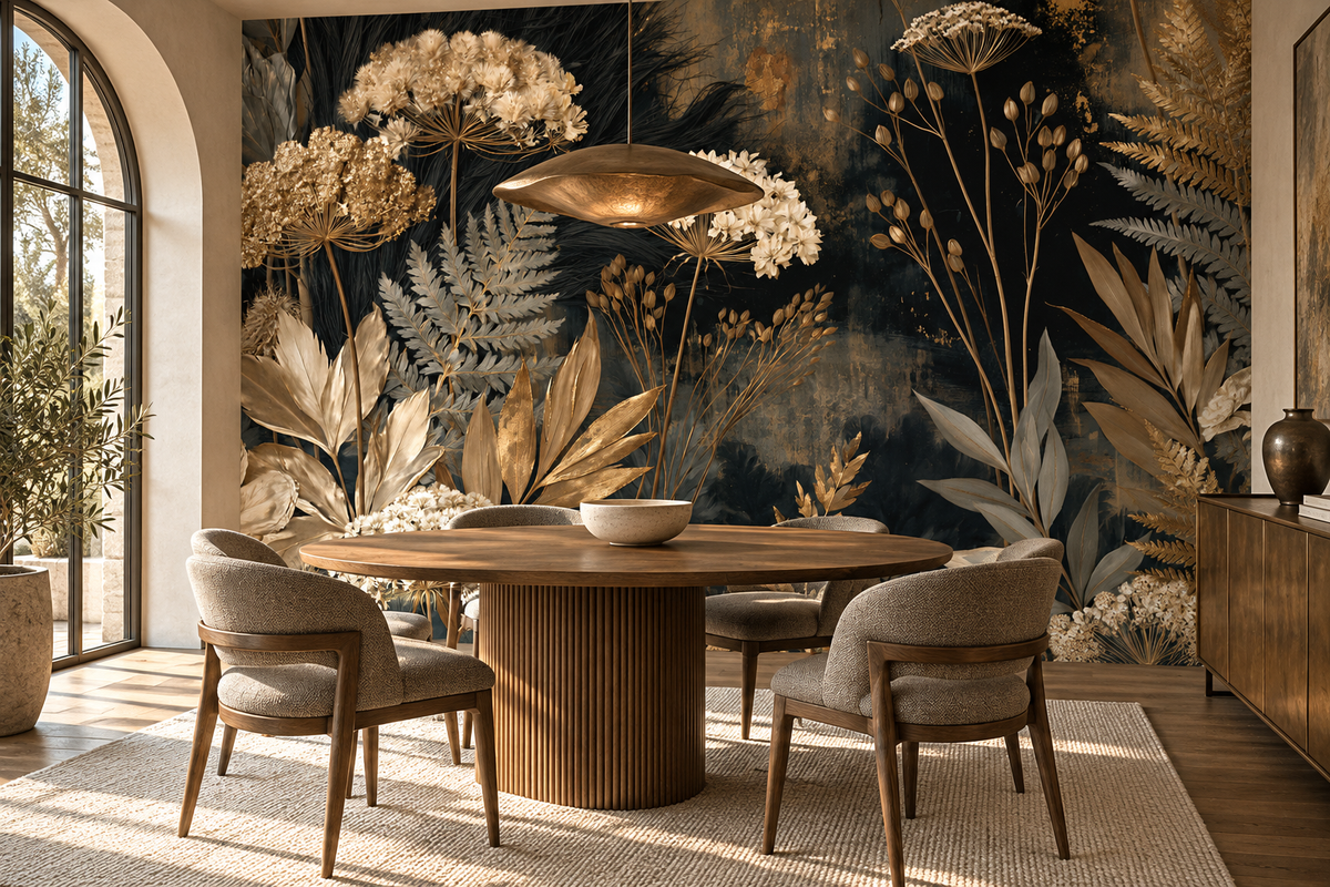 Black and gold botanical mural in a breakfast alcove with a round fluted wood table, woven chairs and an arched window