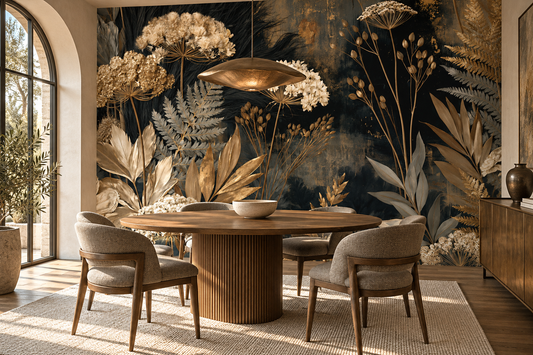 Black and gold botanical mural in a breakfast alcove with a round fluted wood table, woven chairs and an arched window