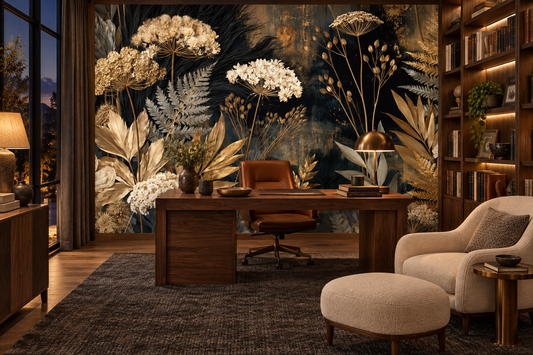 Gold and ivory dried flower mural in a library study with a walnut desk, a leather chair and built-in bookshelves