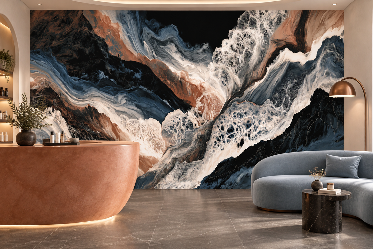 Black, slate blue and terracotta fluid marble mural behind a blue-grey curved sofa, a terracotta reception counter and an arc floor lamp