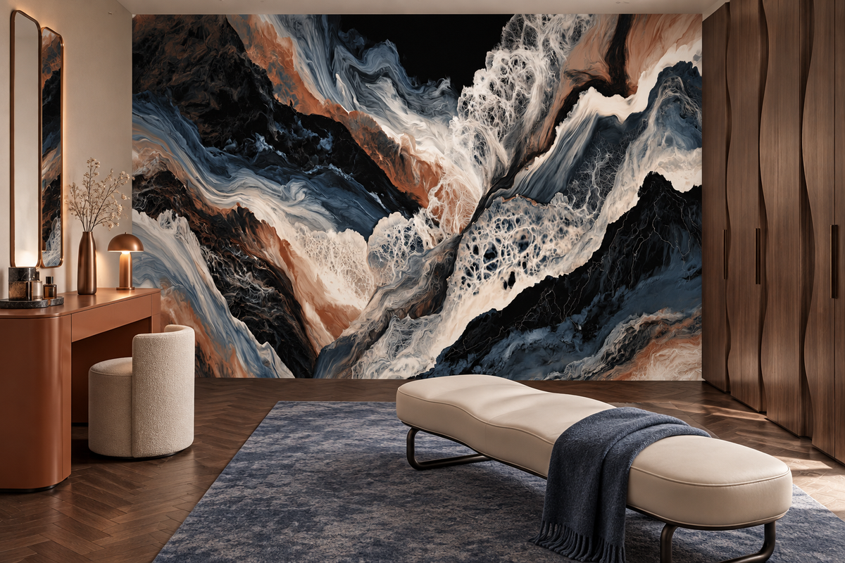 Flowing marble wall mural in a dressing room with a terracotta vanity, a cream bench with a navy throw and a blue rug