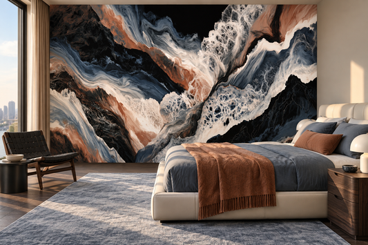 Terracotta and slate blue fluid marble mural behind a cream bed with a rust throw and a blue-grey rug in a bedroom