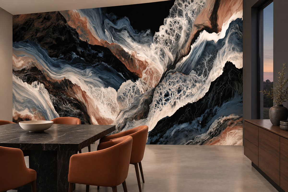 Black and terracotta marble mural in a dining room with a dark marble table and rust-colored chairs
