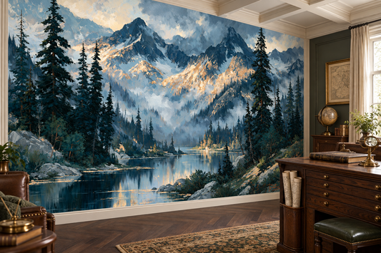Mountain lake landscape mural in a study with a wood-beamed ceiling, a leather chair, a drawer cabinet and a globe on an oriental rug