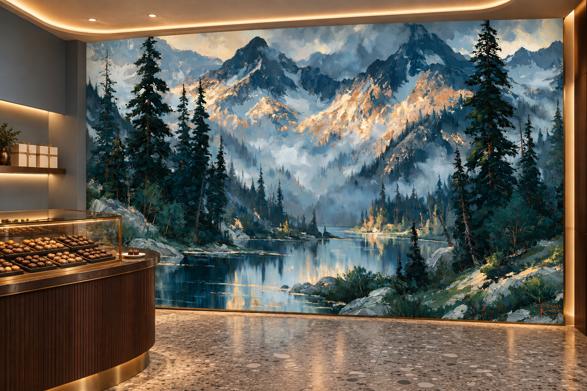 Alpine peaks and pine lake mural in a chocolate shop with a lit display case and a curved wood counter on a terrazzo floor