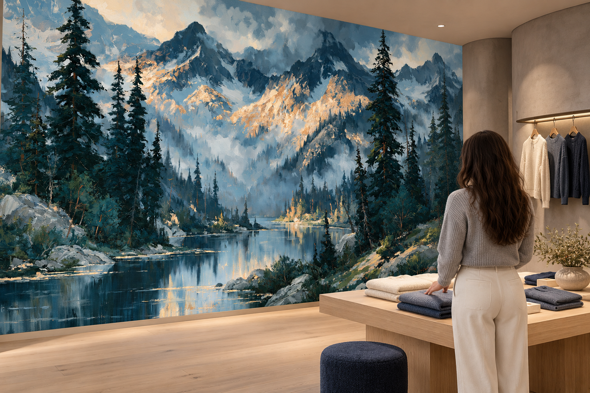 Blue mountain and pine lake mural in a boutique where a woman folds sweaters at a wood table beside a clothing rack