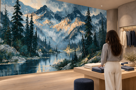 Blue mountain and pine lake mural in a boutique where a woman folds sweaters at a wood table beside a clothing rack