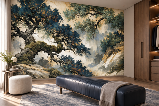 Ancient tree wall mural in a dressing room with a navy leather tufted bench, a white pouf and a walk-in wardrobe