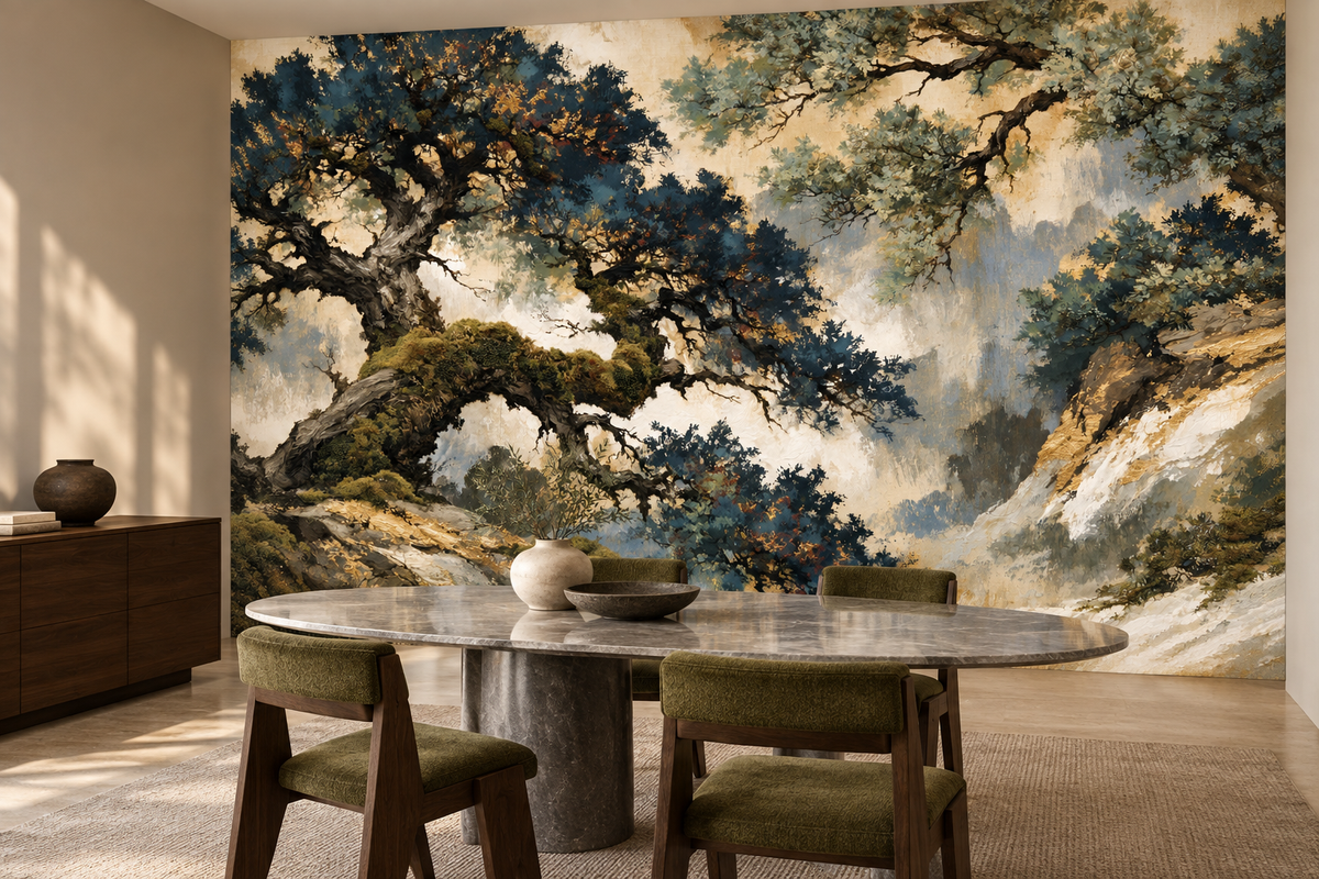 Mossy oak and mist mural in a dining room with an oval marble table, olive green chairs and a wood sideboard