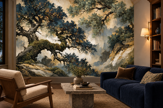 Blue and gold ancient tree mural behind a navy velvet sofa, a rattan armchair and a travertine coffee table with a bookshelf
