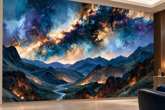 Blue and gold galaxy mountain mural in a lounge with a navy armchair and a beige floor