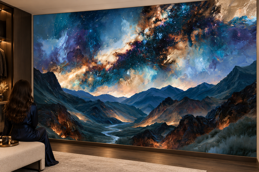 Galaxy and mountain landscape mural in a dressing room with a woman in navy seated on a cream bench beside a wardrobe