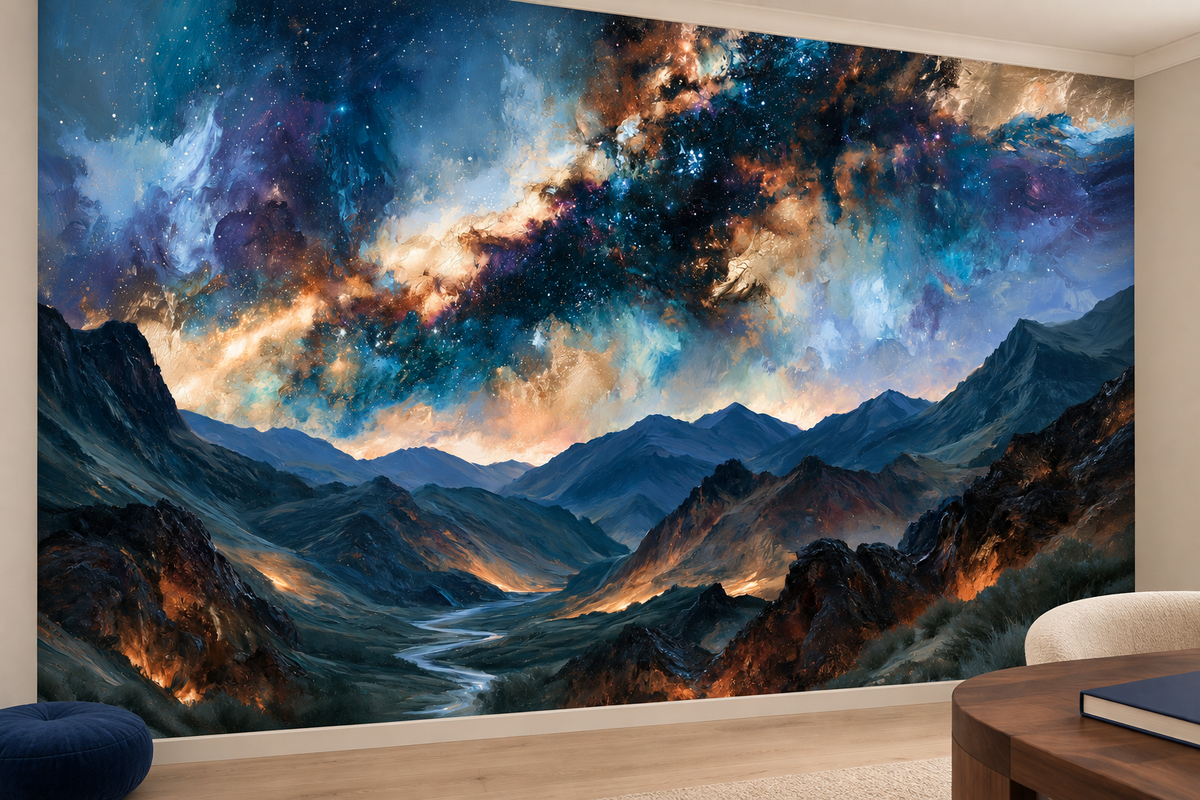 Blue galaxy mural in a lounge with navy poufs, a round wood table with a book and a cream chair