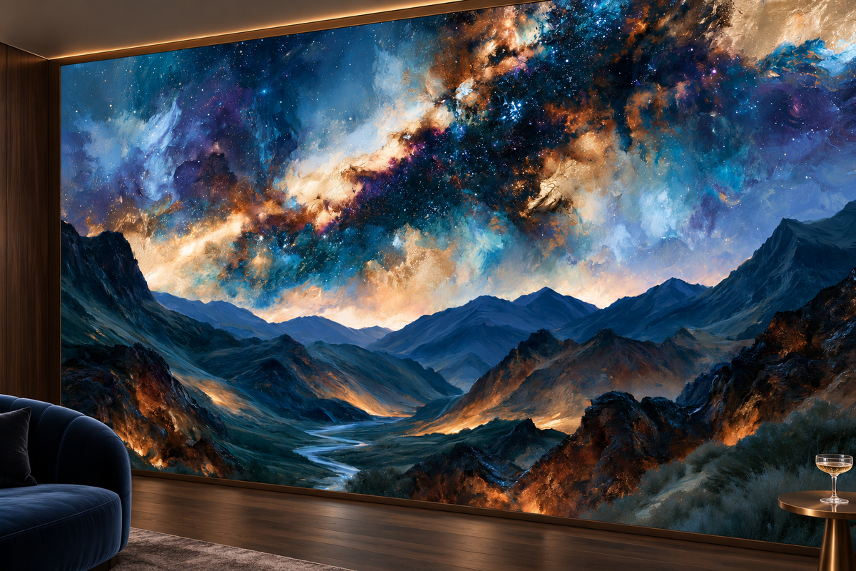 Starry galaxy and mountain mural behind a navy velvet armchair and a side table with a champagne glass