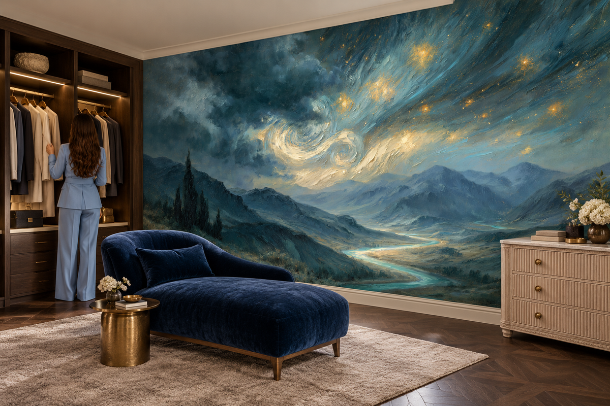 Starry night mountain mural in a walk-in closet with a woman in a blue suit, a navy velvet chaise and a dresser with flowers