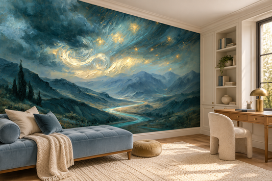 Swirling starry sky mural in a study nook with a blue tufted daybed, a wood desk, a white chair and shelves