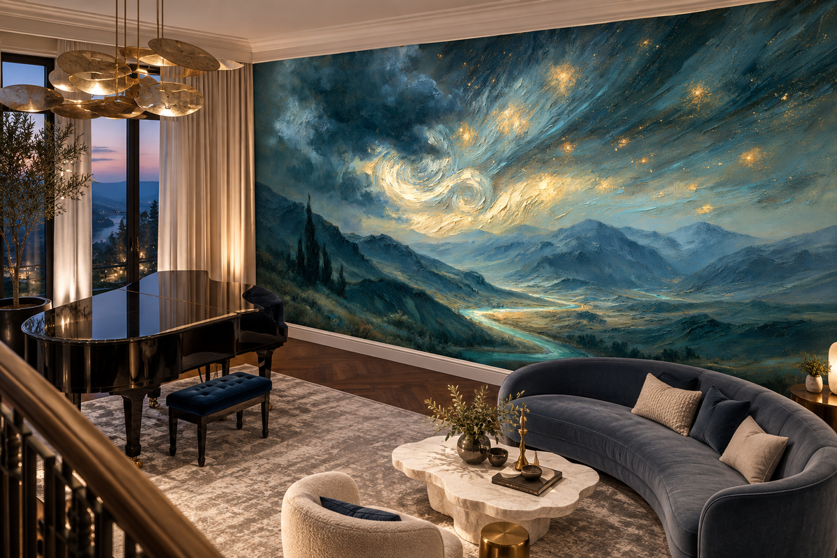 Starry mountain landscape mural in a music room with a black grand piano, a curved blue-grey sofa and a gold chandelier