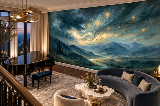 Starry mountain landscape mural in a music room with a black grand piano, a curved blue-grey sofa and a gold chandelier