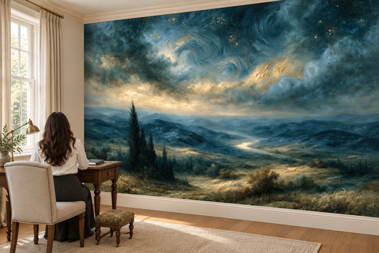 Blue and gold starry sky cypress mural in a study where a woman works at a wood desk beside an upholstered chair and a window