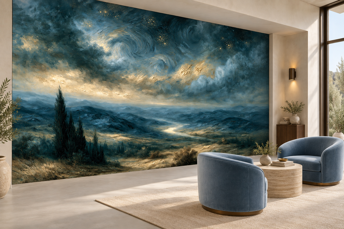 Starry sky and cypress landscape mural in a sitting room with two blue velvet round chairs and a travertine side table