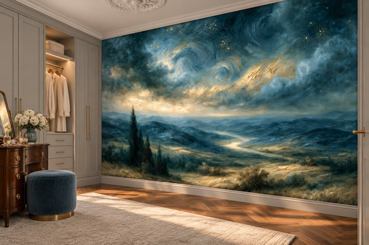 Cypress landscape and starry sky mural in a dressing room with grey wardrobes, an antique dresser with flowers and a blue stool