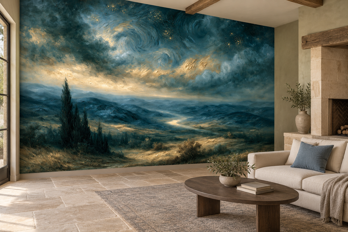 Blue and gold starry sky mural behind a cream sofa and a round wood coffee table beside a stone fireplace