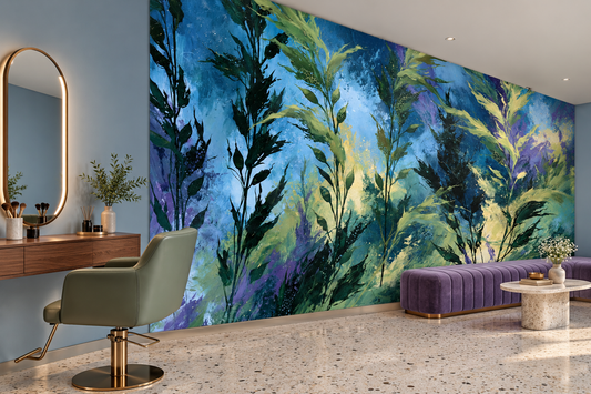 Blue and green flowing seaweed mural in a salon with an oval gold mirror, a wood vanity, a sage swivel chair and a purple tufted bench