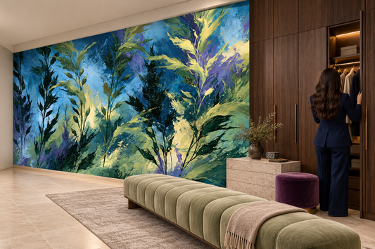 Seaweed and kelp wall mural in a dressing room with a sage tufted bench, a woman in navy at a wardrobe and a plum pouf
