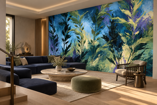Blue and green seaweed mural in a living room with a navy sectional, a marble coffee table, an olive pouf and a wicker chair