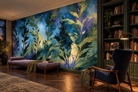 Flowing kelp mural in a library with green built-in bookshelves, a navy wingback chair and a mauve daybed with an olive throw