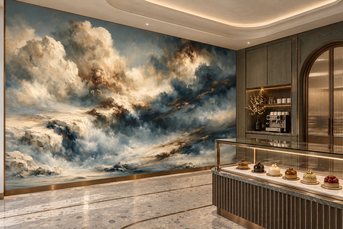 Cloudscape wall mural with gold veins above a glass pastry display counter and an espresso machine in a patisserie
