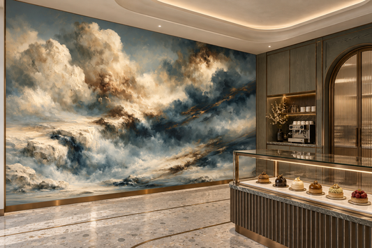 Cloudscape wall mural with gold veins above a glass pastry display counter and an espresso machine in a patisserie