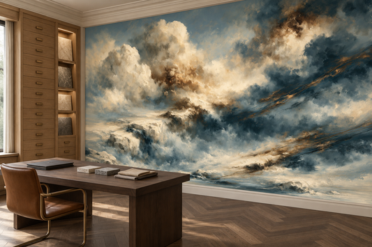 Blue and ivory storm cloud mural in a home office with a wood desk, a leather chair and a drawer cabinet with shelves