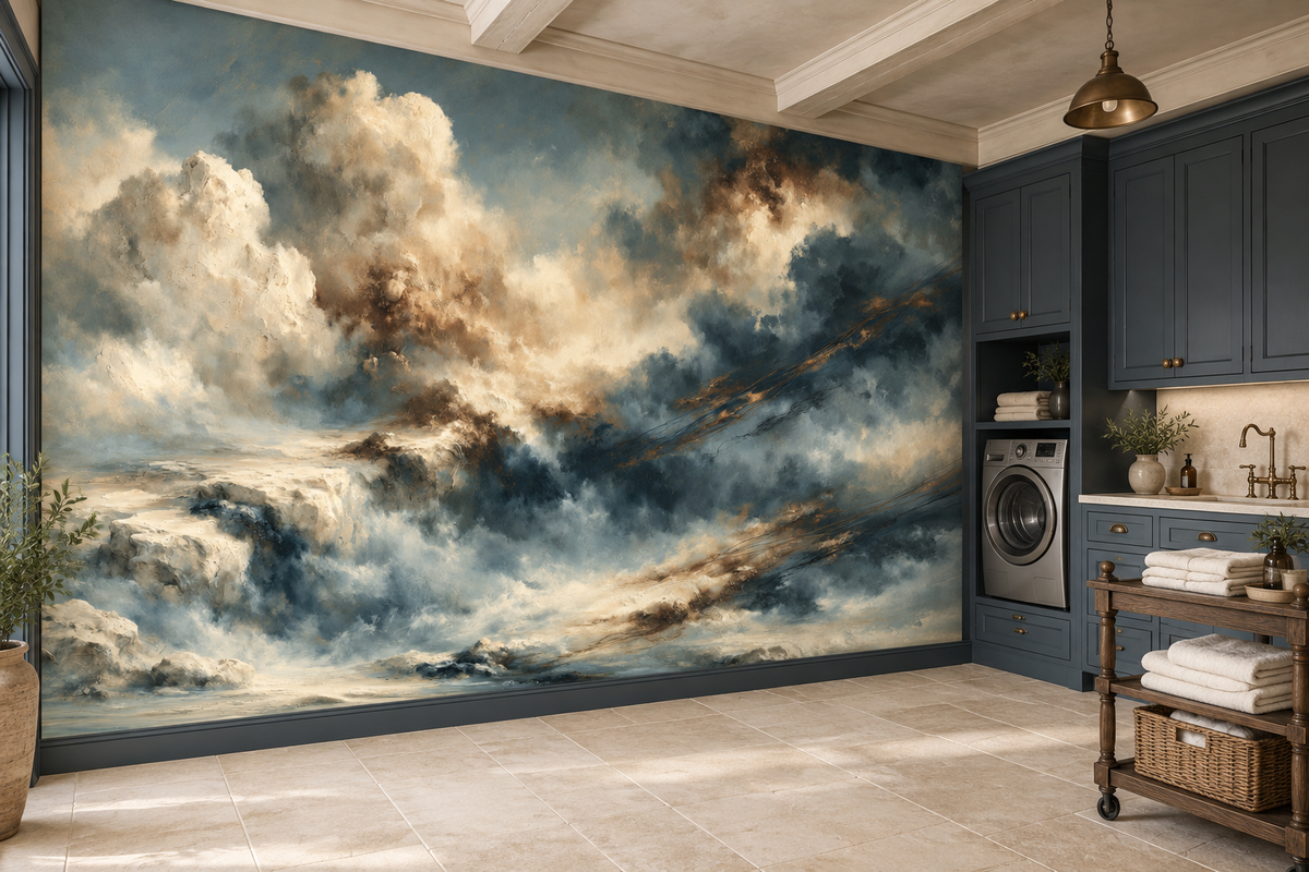 Navy and ivory cloud mural in a laundry room with navy cabinets, a washer and a wooden cart of folded towels