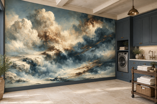Navy and ivory cloud mural in a laundry room with navy cabinets, a washer and a wooden cart of folded towels