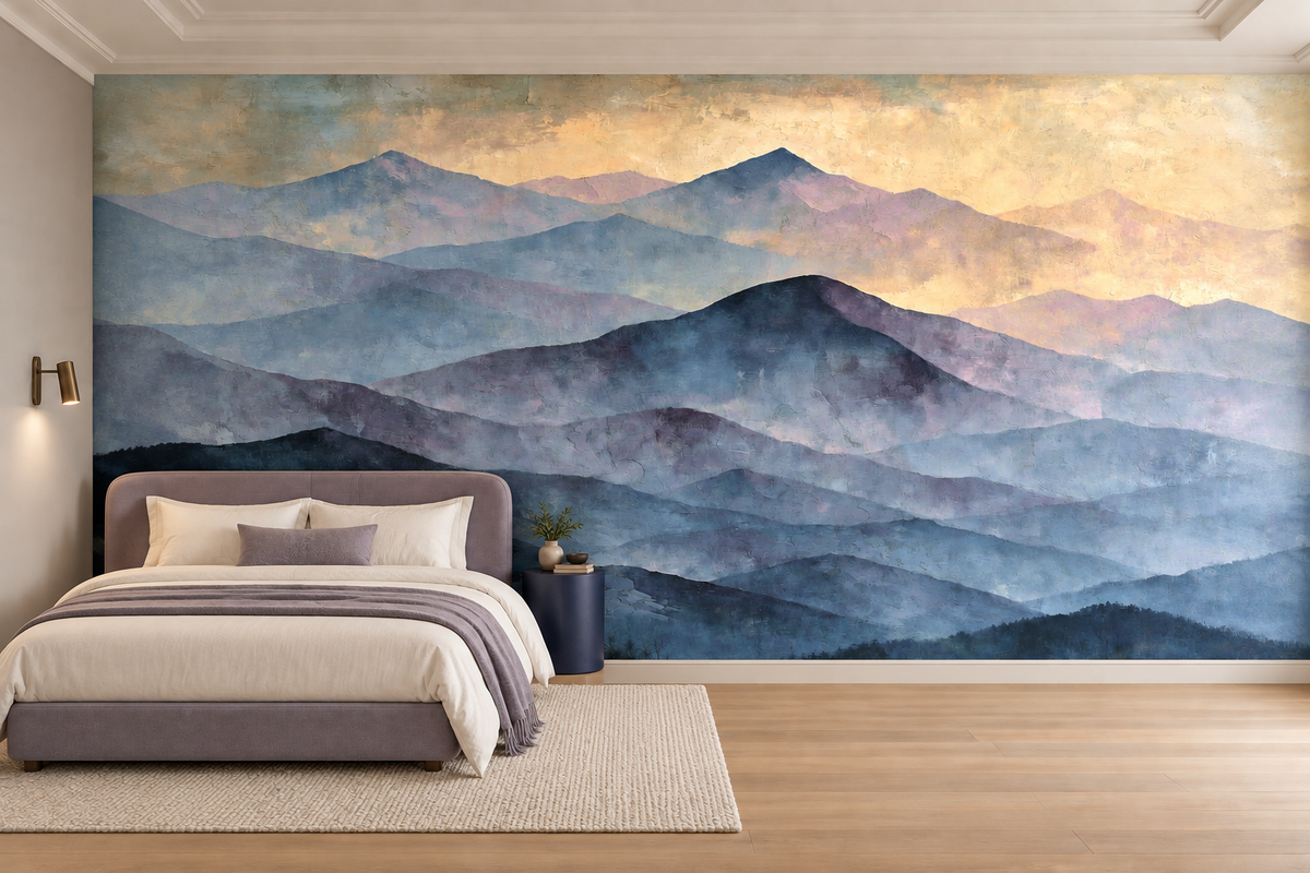 Blue and lavender layered mountain mural behind a lavender upholstered bed with cream bedding and a blue nightstand