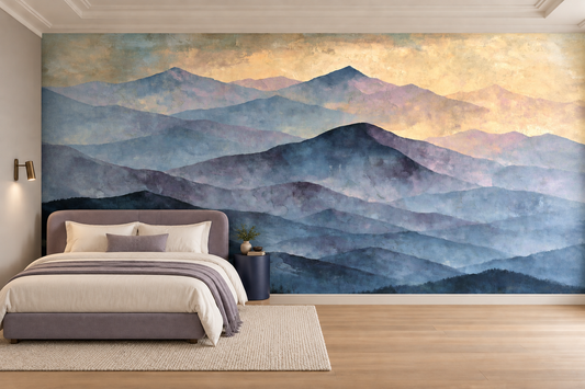 Blue and lavender layered mountain mural behind a lavender upholstered bed with cream bedding and a blue nightstand