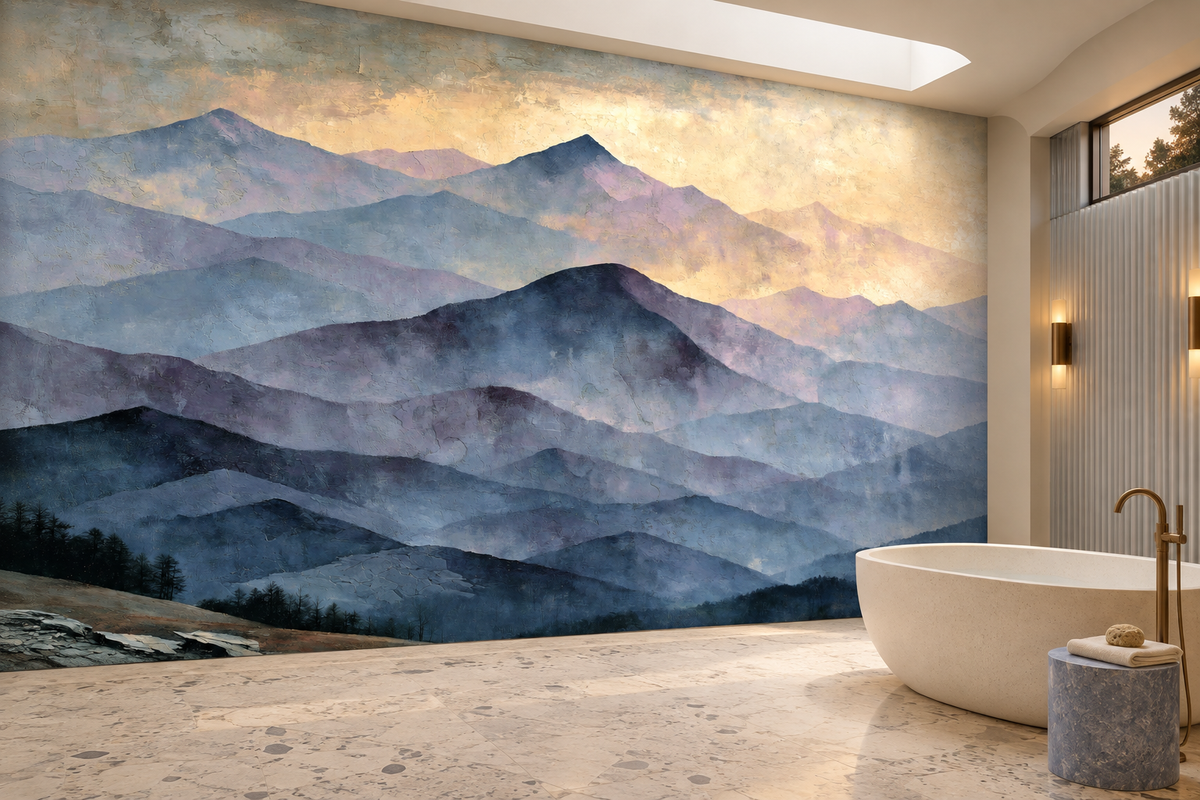 Layered mountain landscape mural in a bathroom with a freestanding tub, a brass tub filler and a stone stool
