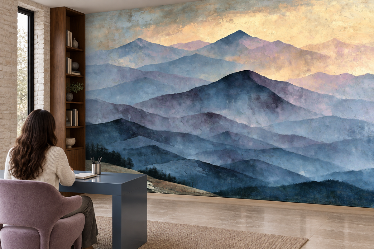 Blue and lavender mountain mural in a home office where a woman works at a blue desk in a lilac chair beside a bookshelf