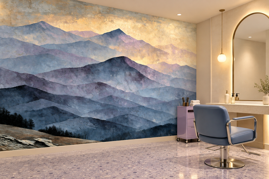 Lavender mountain landscape mural in a salon with a blue swivel chair, an arched mirror and a pink rolling cart