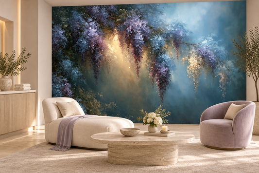 Blue and lavender wisteria mural in a lounge with a cream chaise, a lavender throw, a travertine coffee table and a mauve armchair