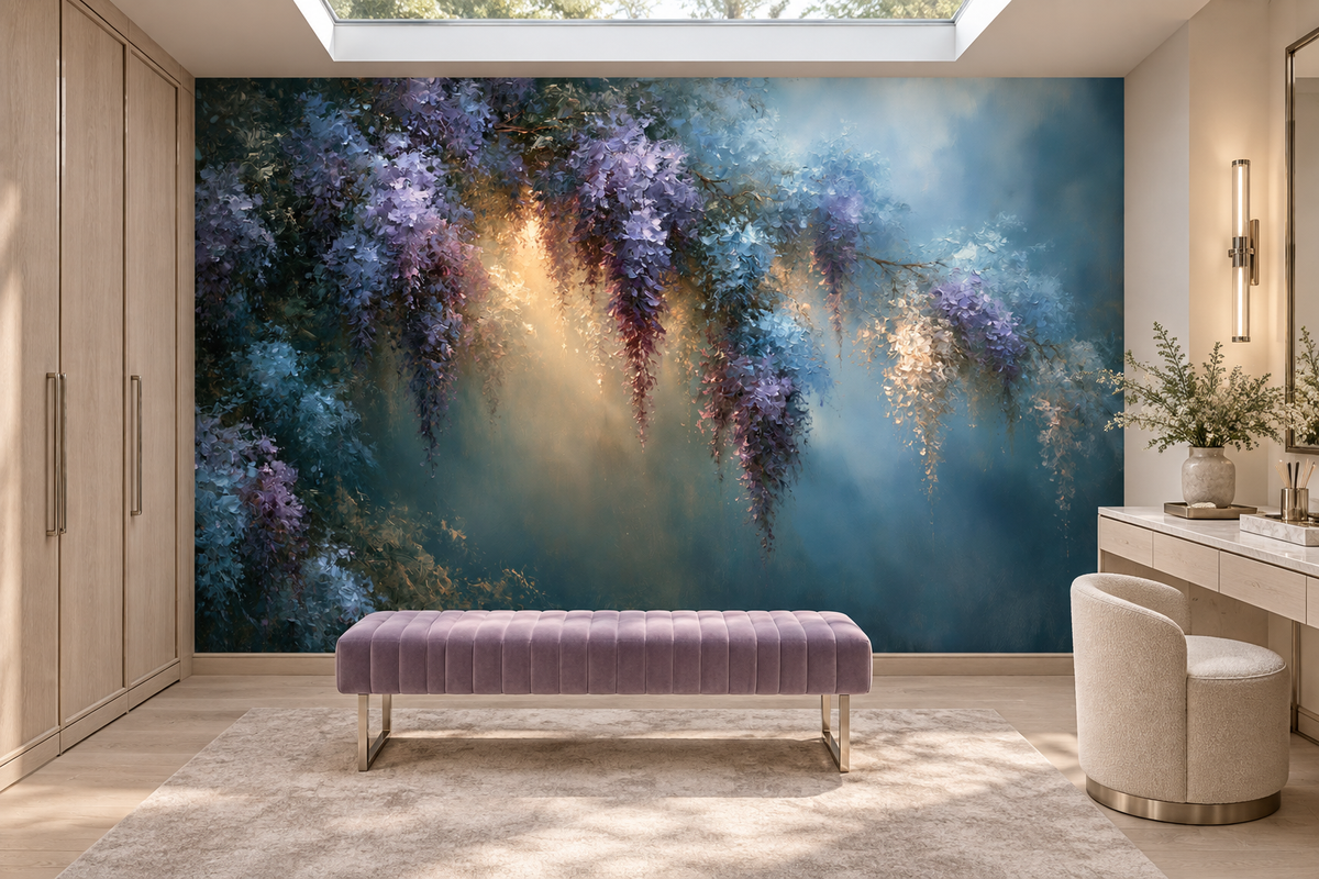 Wisteria wall mural in a dressing room with a wardrobe, a lavender tufted bench and a vanity with a cream chair