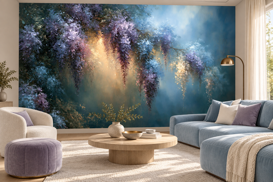 Blue and lavender wisteria mural behind a pale blue sofa, a lavender pouf and a round wood coffee table in a living room