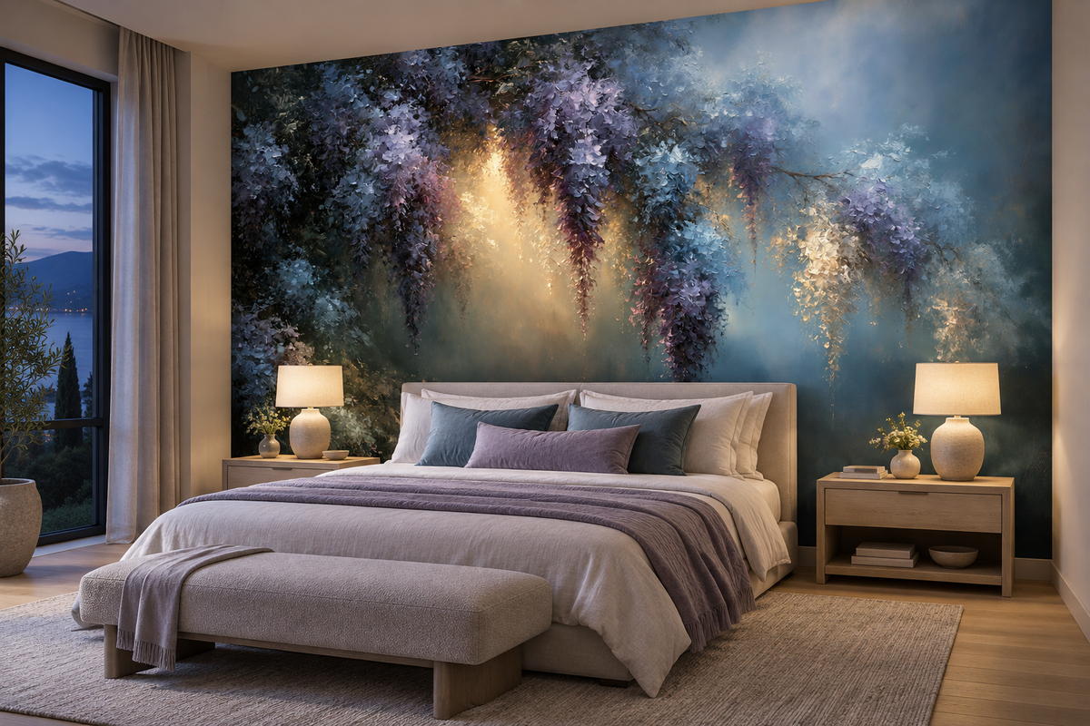 Wisteria and gold light mural behind a bed with a lavender throw, a grey bench and two bedside lamps