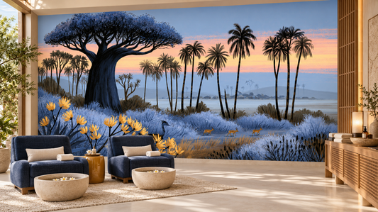 Safari sunset baobab wall mural in a resort spa room with two blue armchairs and round side tables holding stone bowls