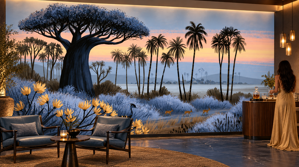 Baobab and palm trees at sunset mural in a hotel lounge with blue armchairs, a lantern-lit table and a woman in a gold dress beside a wood counter
