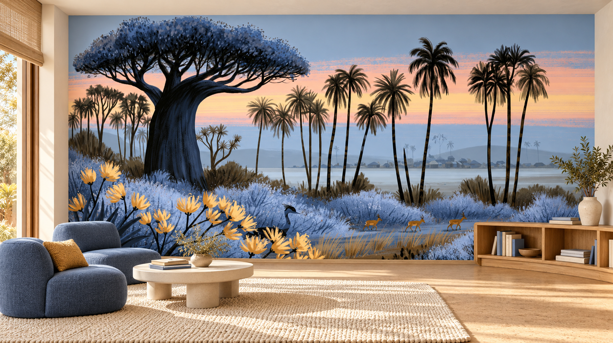 Blue baobab safari mural in a children's reading lounge with a blue armchair, a round white table and a built-in bookshelf