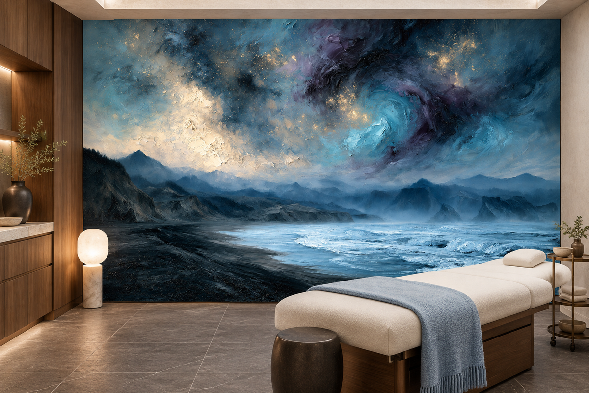 Blue coastal seascape mural with a swirling stormy sky in a spa treatment room with a massage bed, a blue throw and a wood vanity
