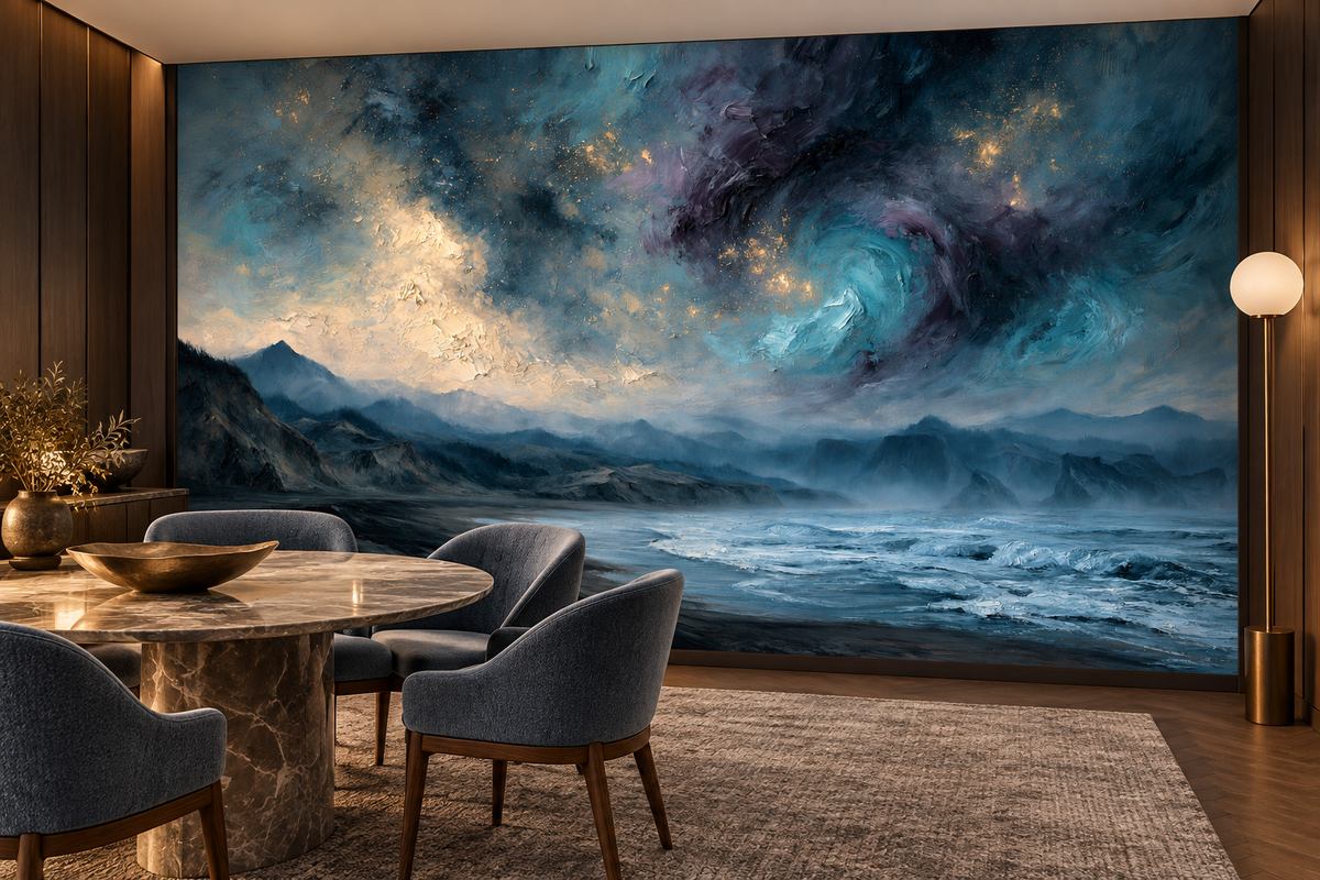 Swirling sky and ocean wave mural in a dining area with a round marble table and grey-blue upholstered chairs